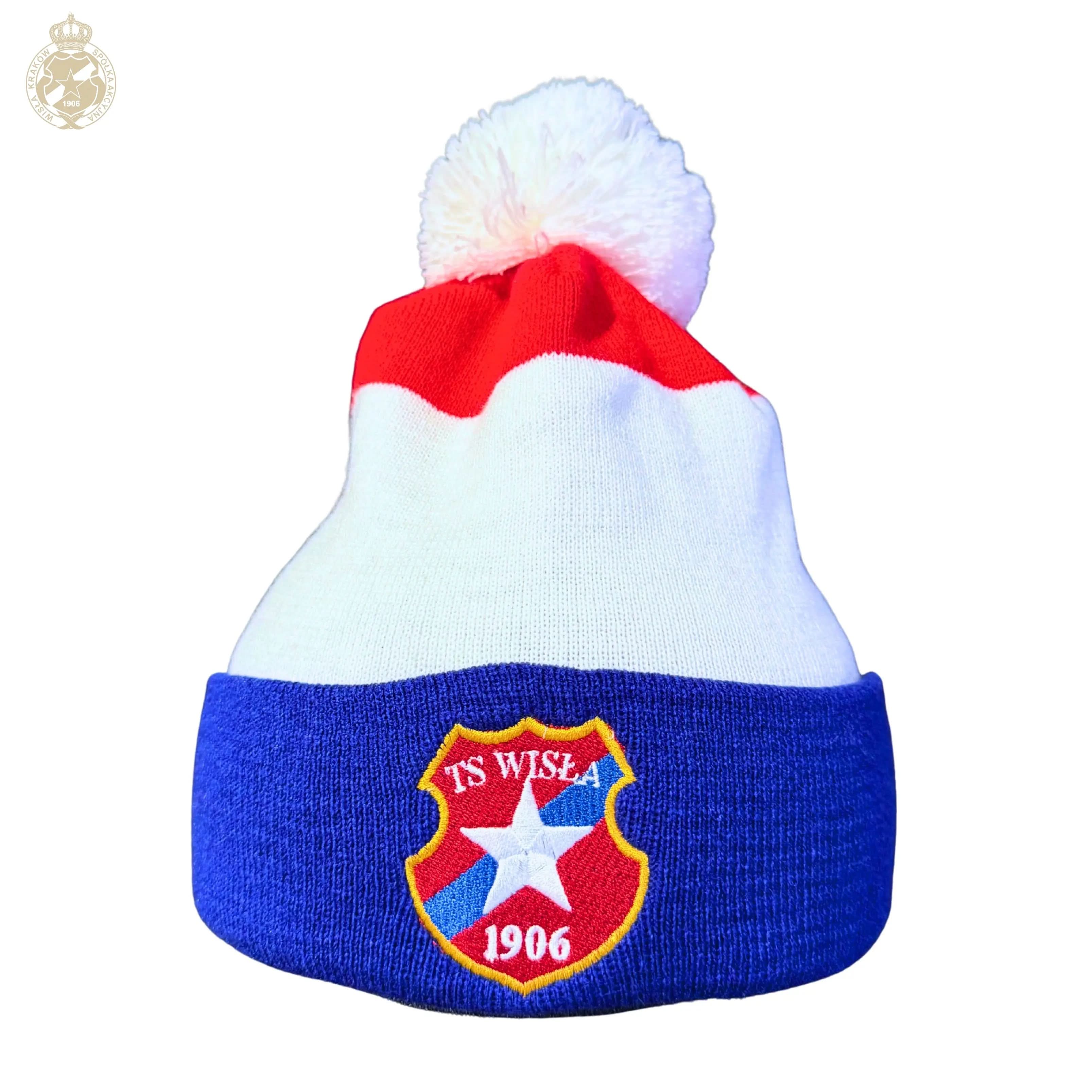 Czapka zimowa trzy kolory Herb TS z pomponem Wisła Kraków Offical FanShop