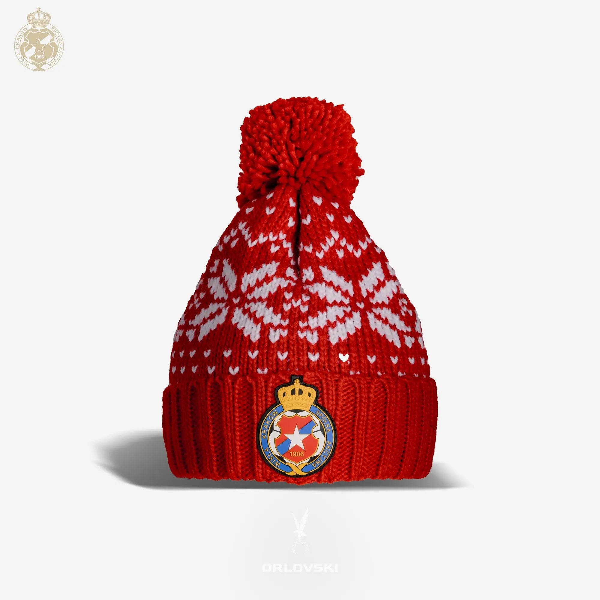 Czapka zimowa sweterek Herb S.A. z pomponem (TSW086) - czerwona Wisła Kraków Offical FanShop