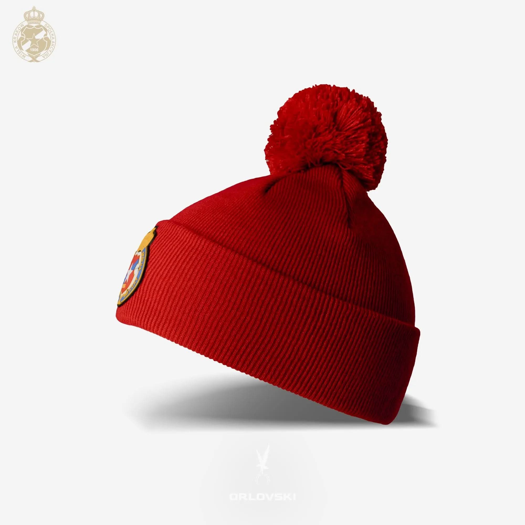 Czapka zimowa dziecięca Herb S.A. z pomponem (TSW090) - czerwona Wisła Kraków Offical FanShop