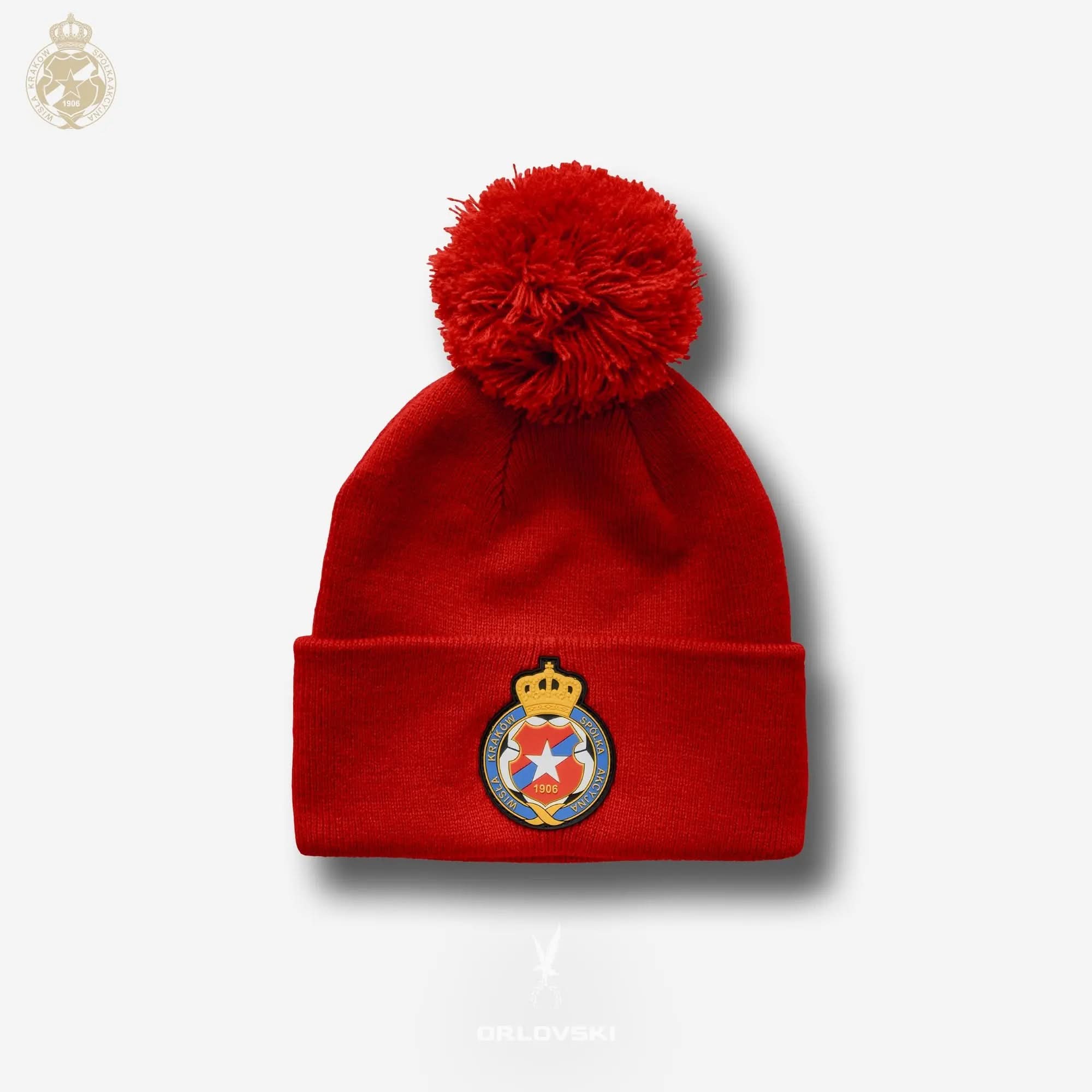 Czapka zimowa dziecięca Herb S.A. z pomponem (TSW090) - czerwona Wisła Kraków Offical FanShop