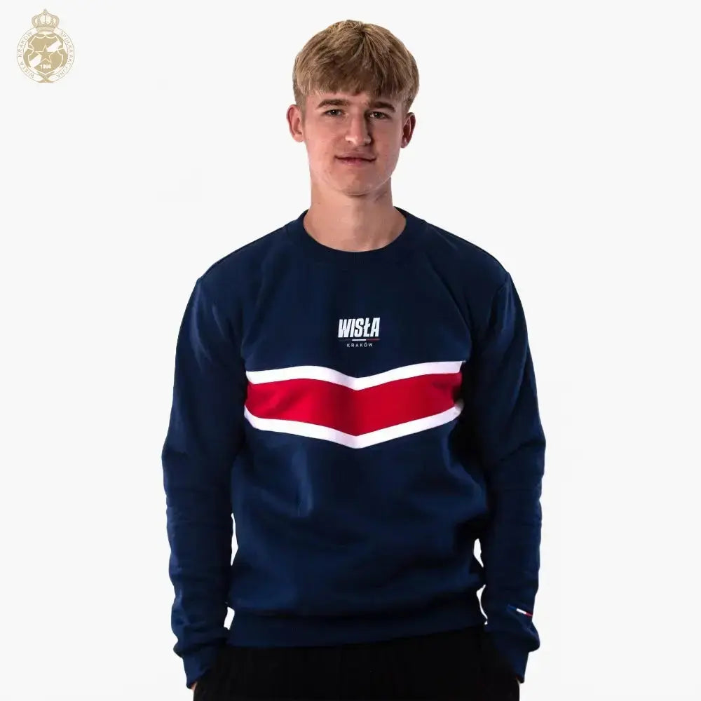 Person wearing a navy blue sweatshirt with a red and white stripe on a white background