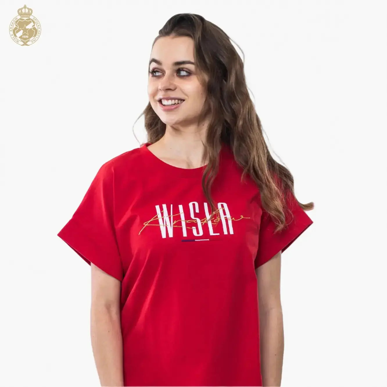 T-shirt damski Wisła Kraków Gold Script- czerwony Official FanShop - TS Wisła Kraków SA