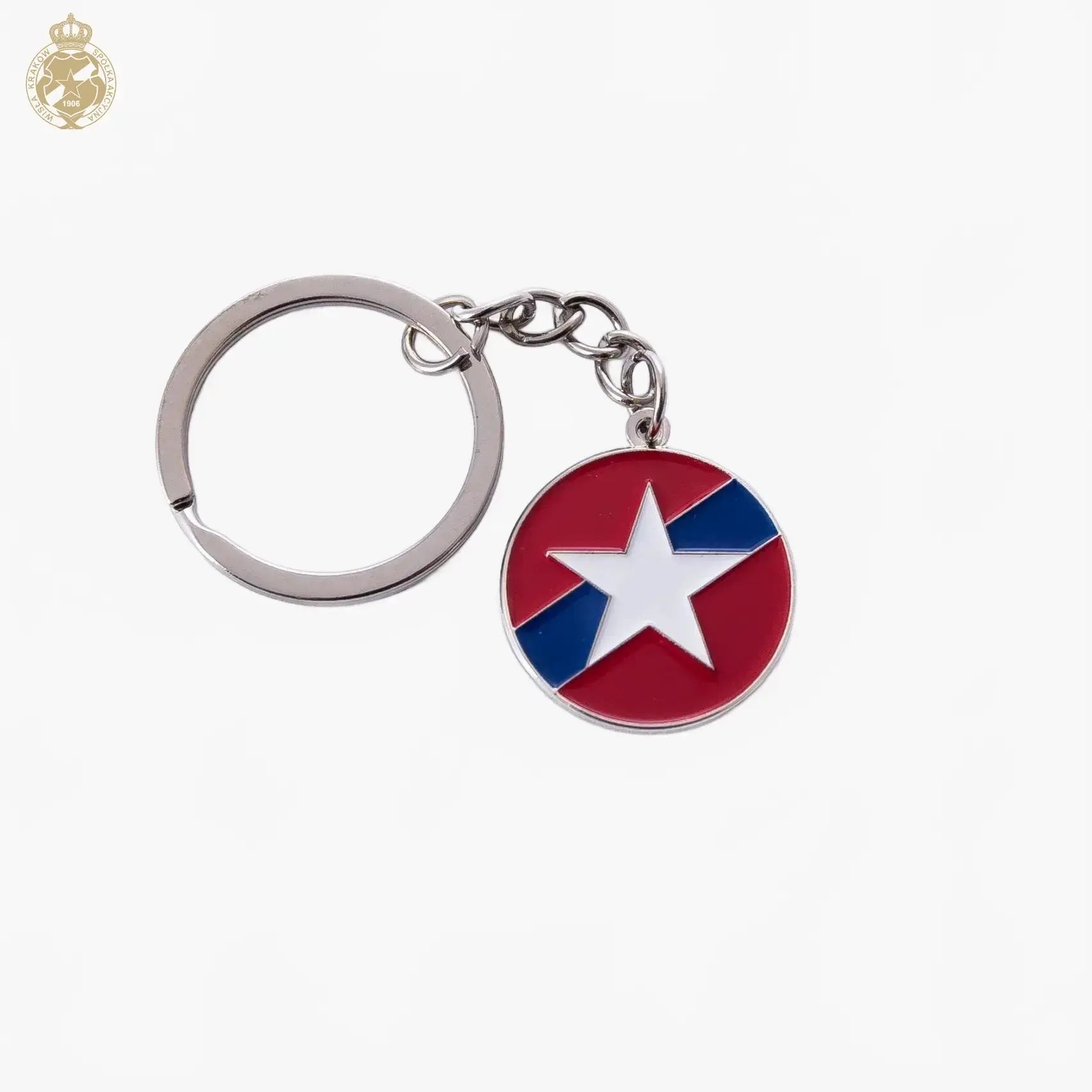 Keychain with a red circle and white star on a white background