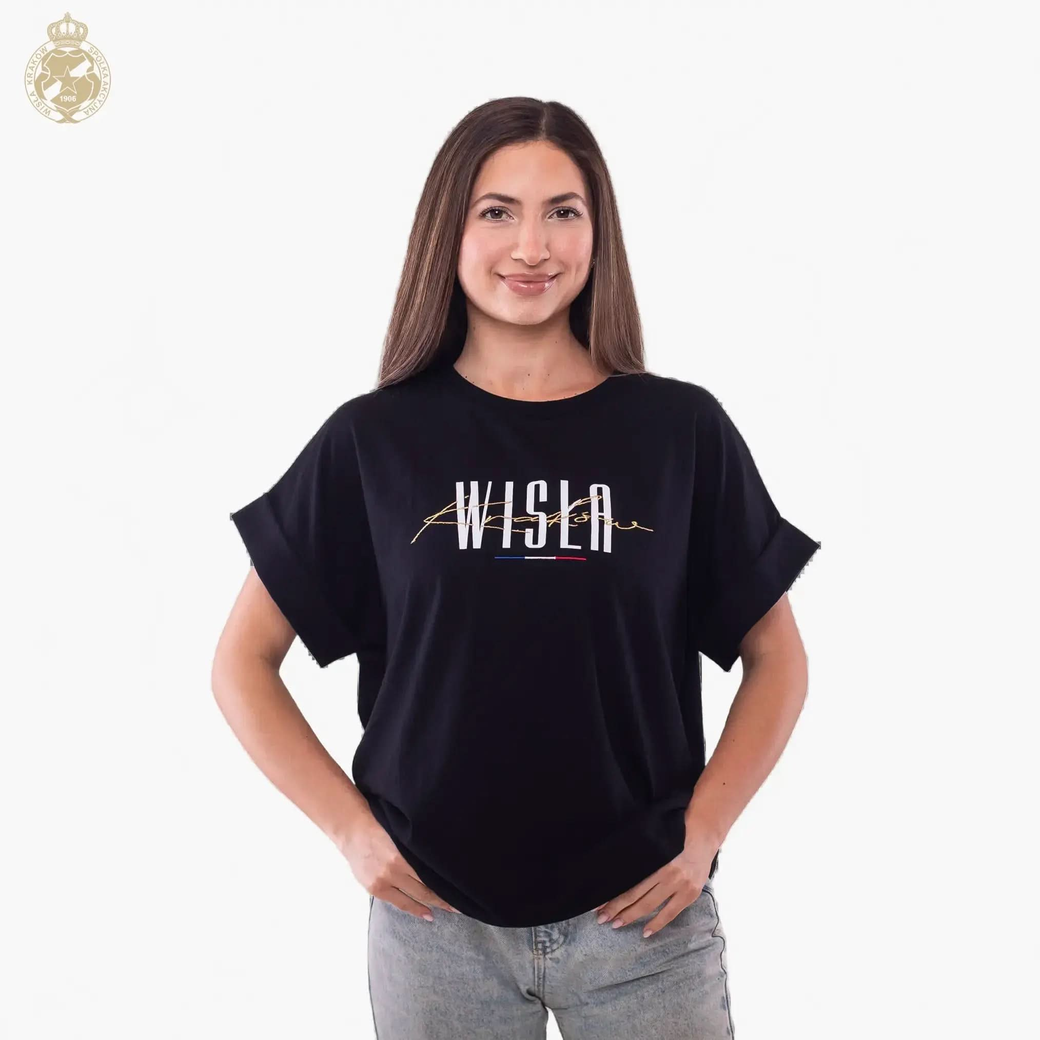 T-shirt damski Wisła Kraków Gold Script - czarny Official FanShop - TS Wisła Kraków SA